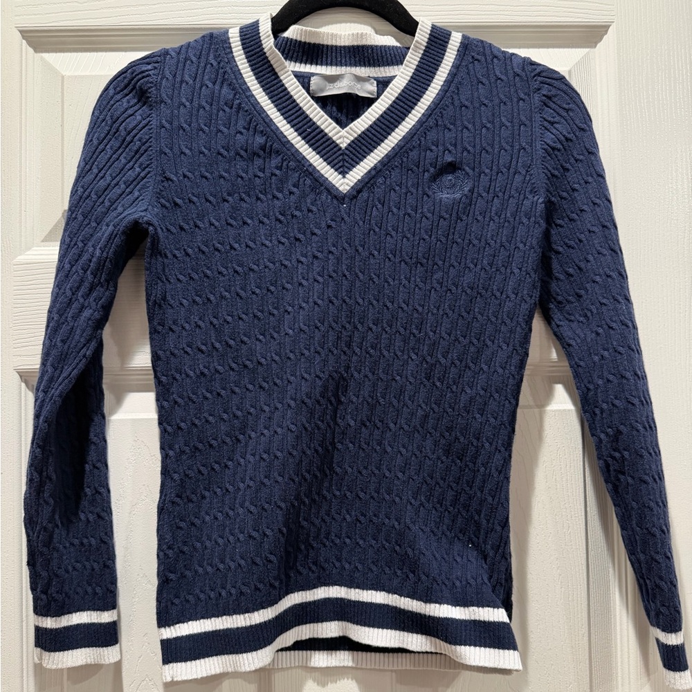 Liz Claiborne Navy V-Neck Cable Knit Sweater with White Trim